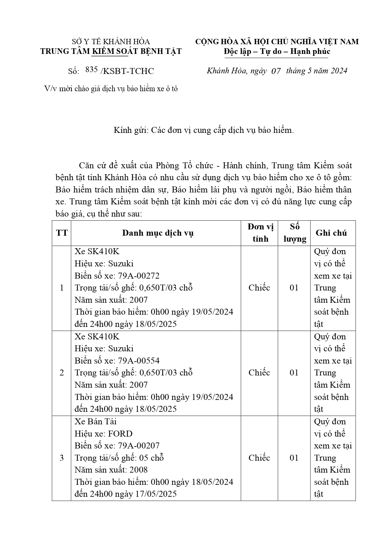 V/v mời chào giá dịch vụ bảo hiểm xe ô tô